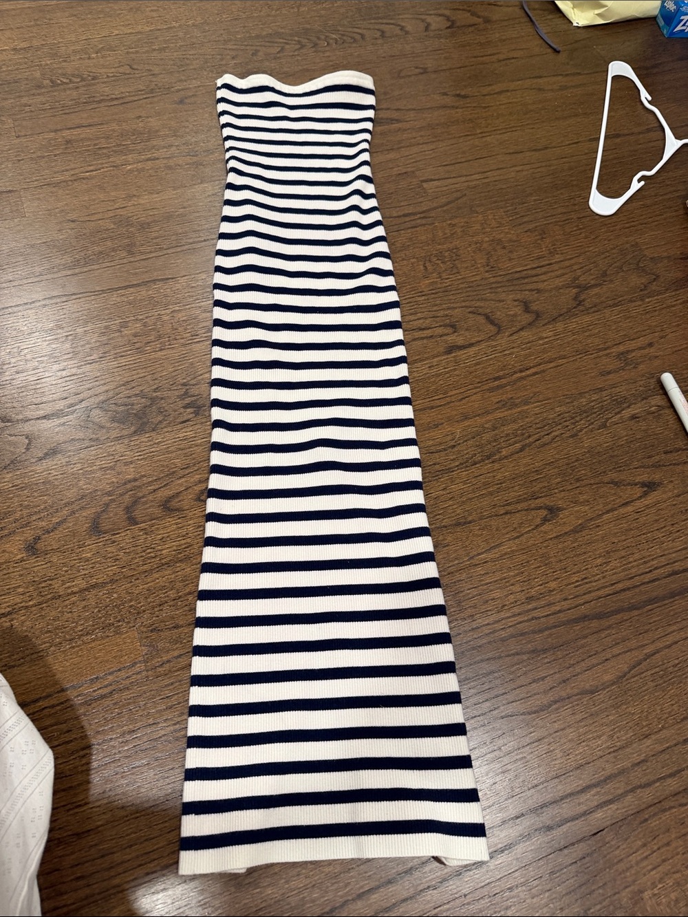 Edikted Navy and White Strapless Maxi Dress